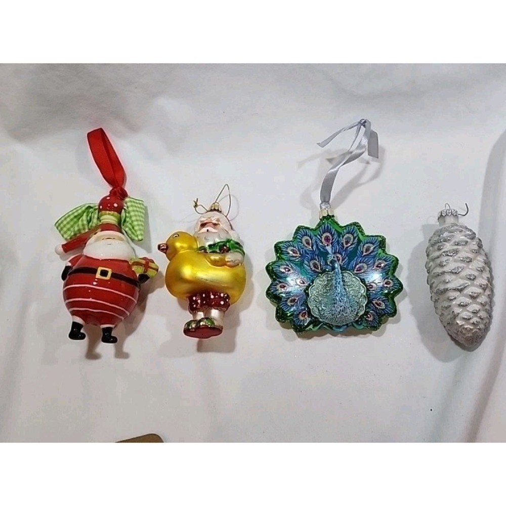 (3)Christmas Bead & Sequin & (1) Glass Ornament~Santa, Santa W/Duckie,Peacock